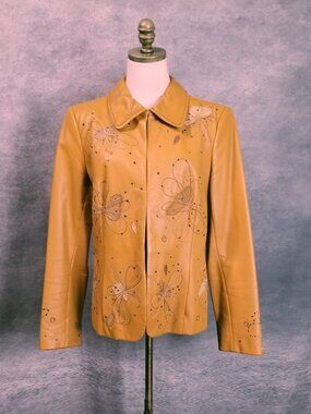 VTG Dana Buckman Mustard Leather Jacket Size 12 Butterfly Embroidered Studded